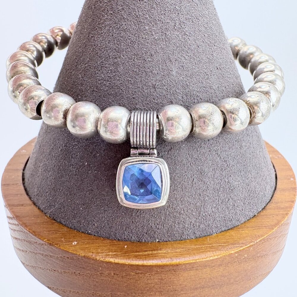 Topaz Ball Bead Open Cuff Bracelet VTG Sterling Silver 925 Size 7.5" Fit